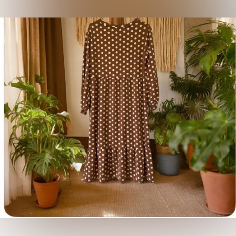 Jillian Harris X Collab JF Shay Dress-SzS-NWOT-Tan-White-Polkadot-lagenlook☀️ - Picture 2 of 7